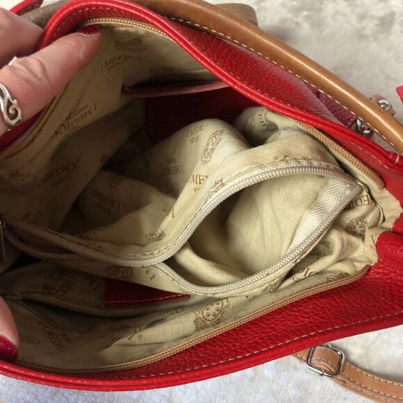 I Medici Firenze Italian Pebbled Leather Red & Tan Crossbody Shoulder Bag Purse - Picture 10 of 16